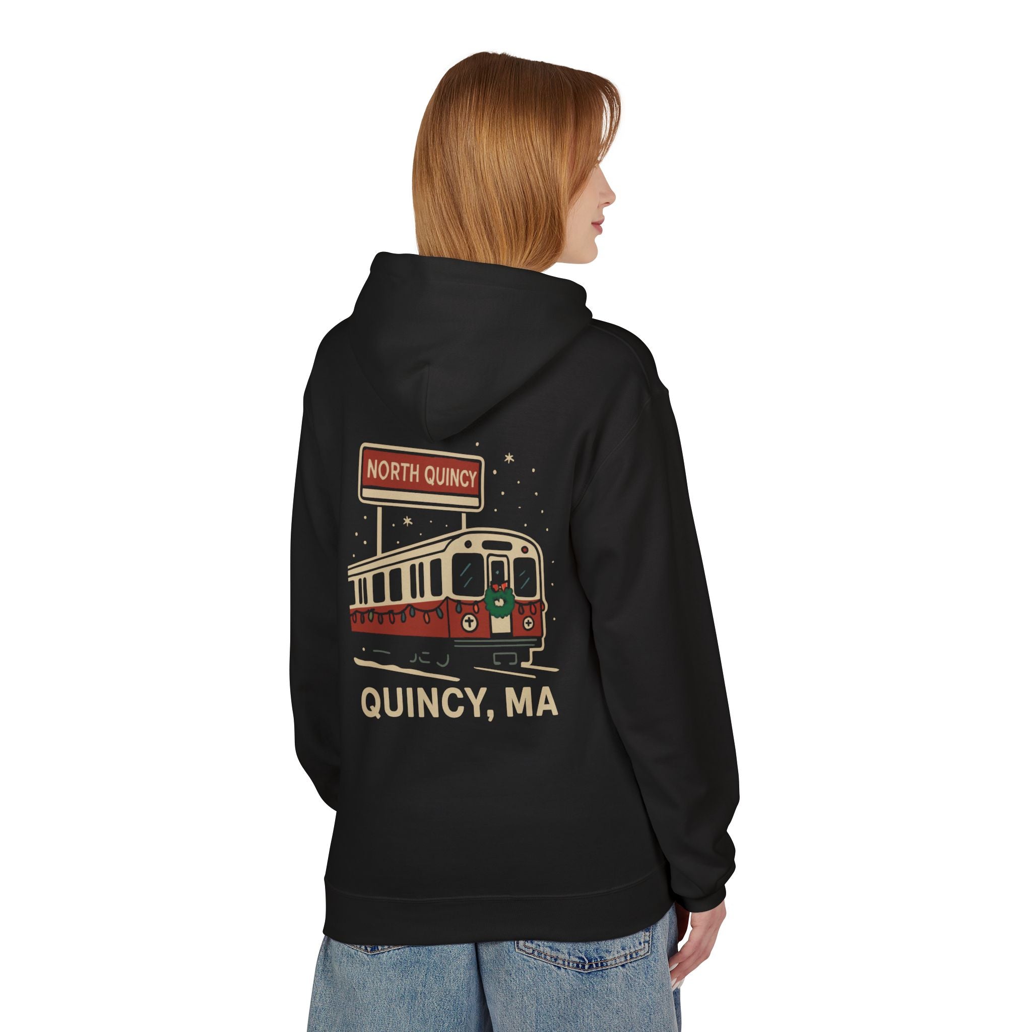North Quincy Red Line Holiday Softstyle Hoodie- Red Logo