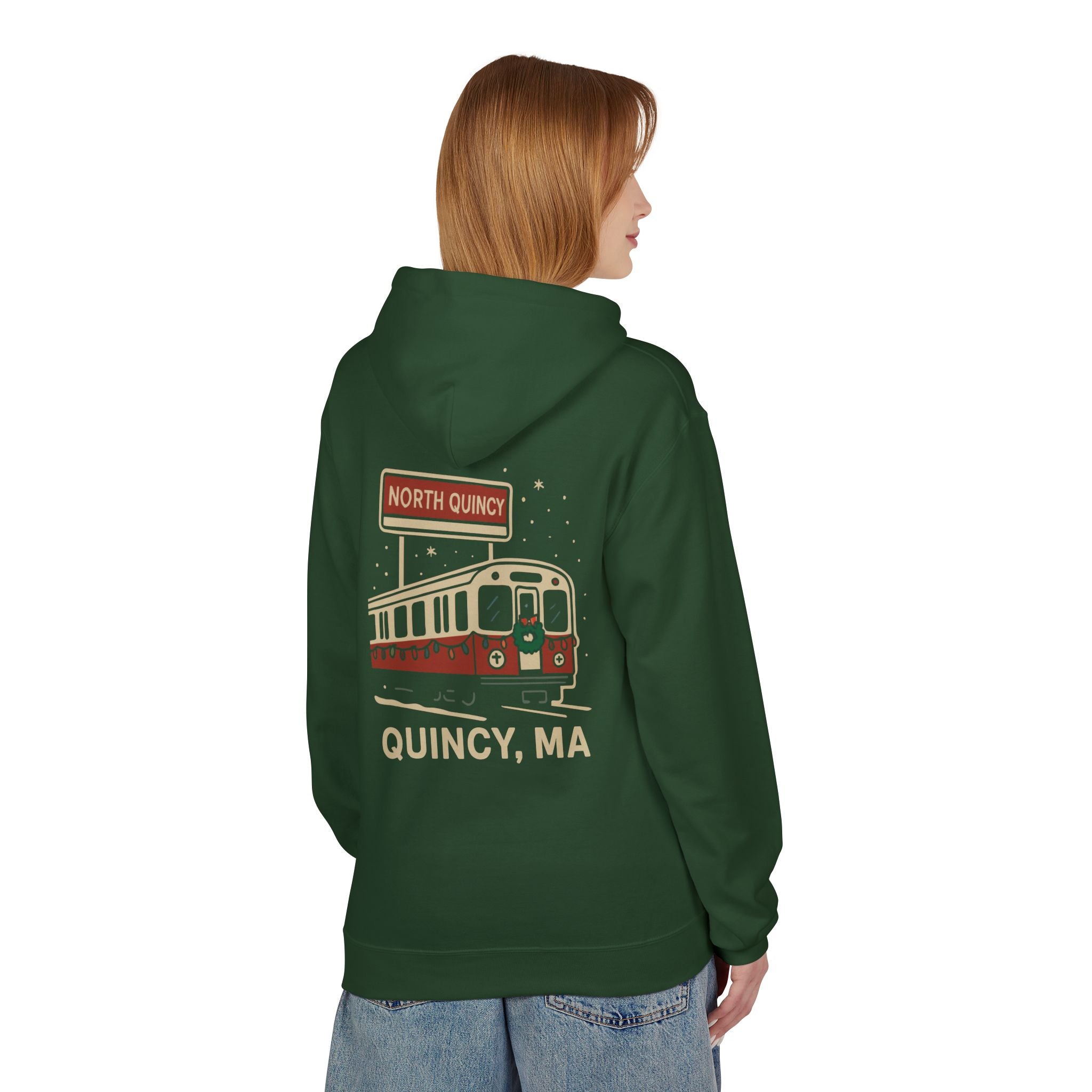 North Quincy Red Line Holiday Softstyle Hoodie- Red Logo