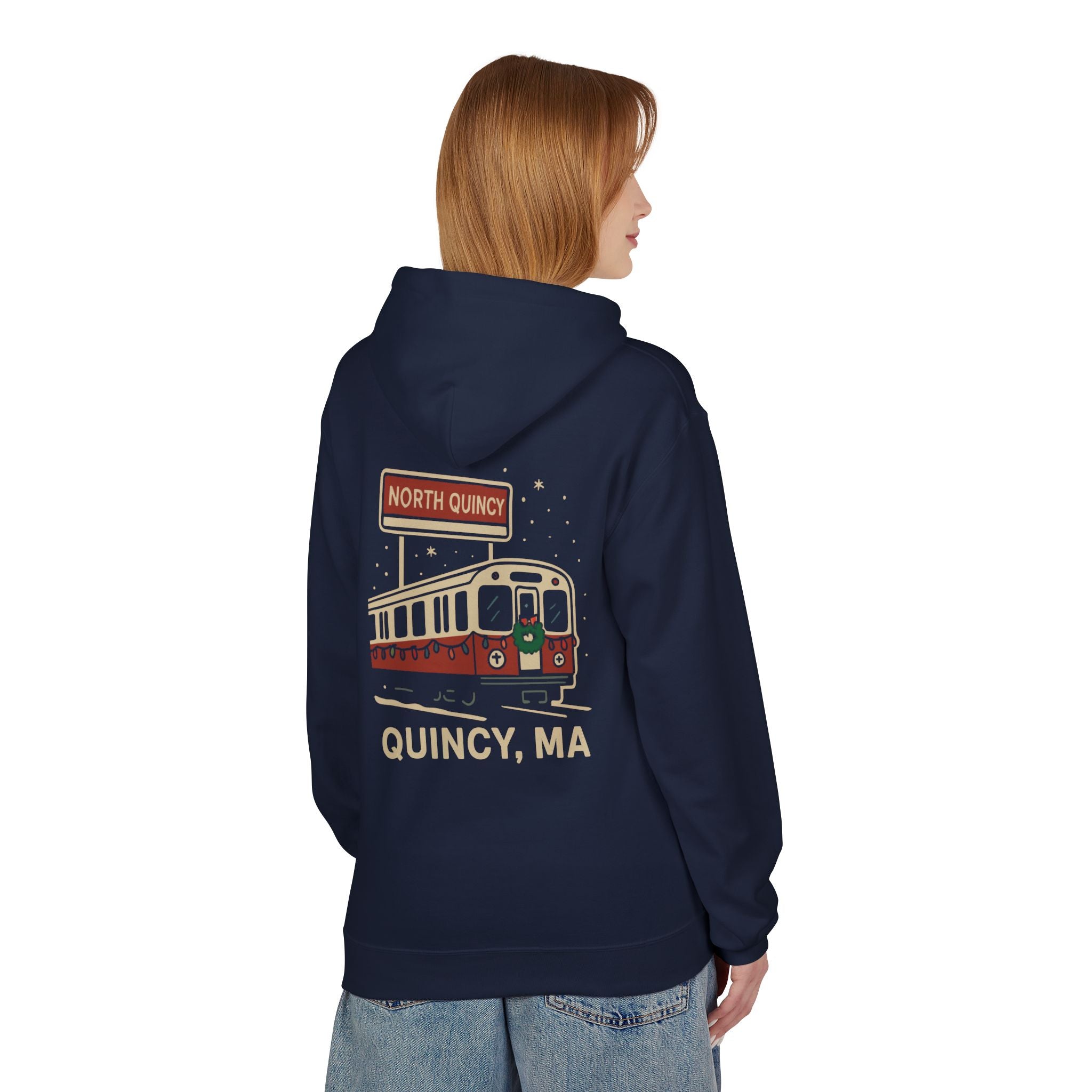 North Quincy Red Line Holiday Softstyle Hoodie- Red Logo