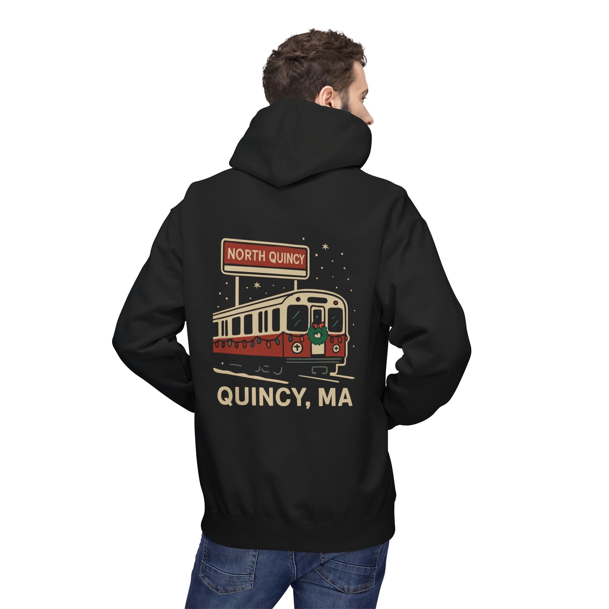 North Quincy Red Line Holiday Softstyle Hoodie- Red Logo