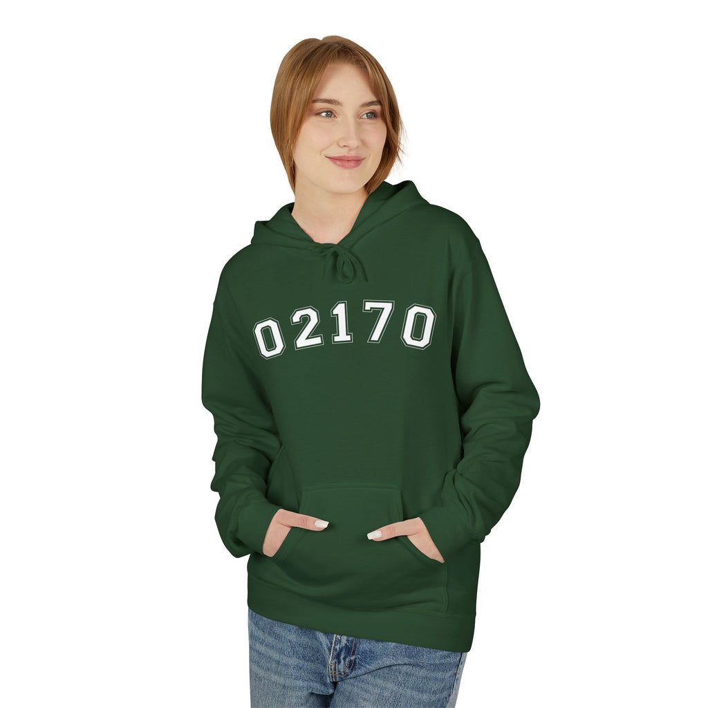 02170- Quincy Zip Code Softstyle Hoodie White Text