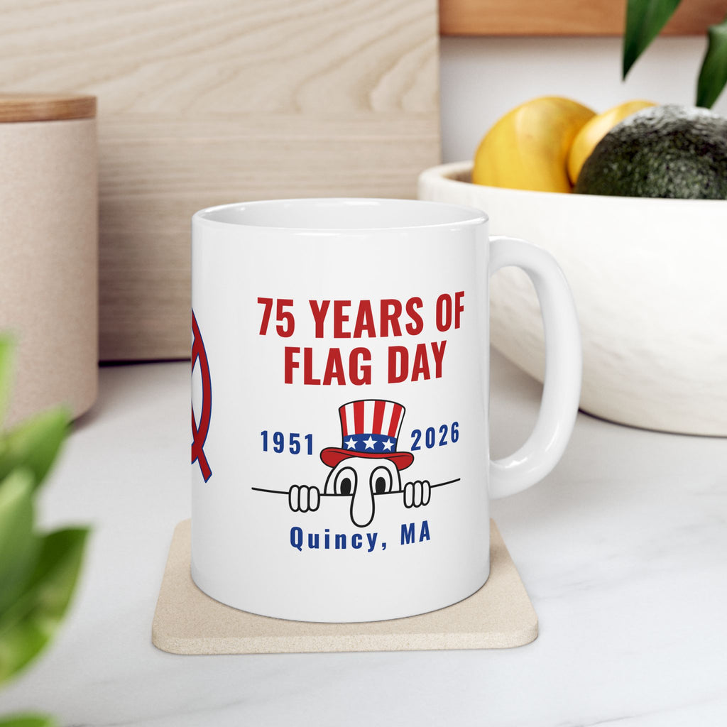 Flag Day 75th Anniversary Ceramic Mug — Quincy 75 Years Commemorative Coffee Cup